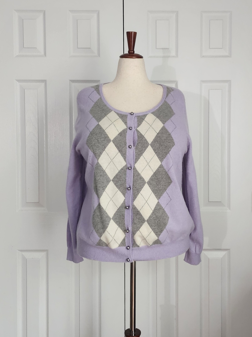 Lambs Wool Talbots Lavender Argyle Button-Front Cardigan 3X